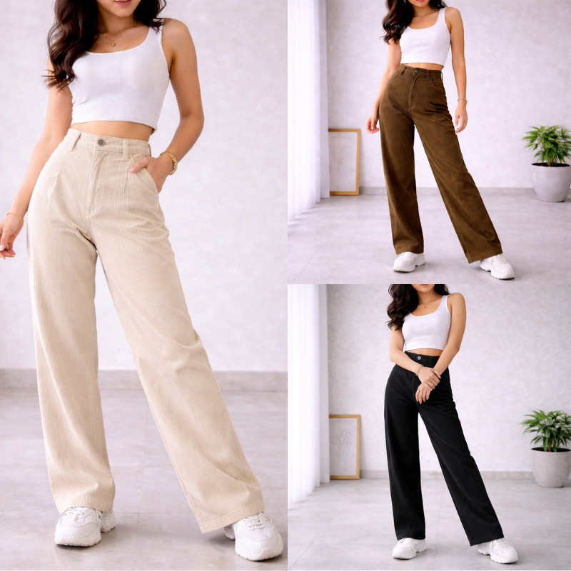 Corduroy Highwaist Wide Leg Pants with Belt Loop and Pockets