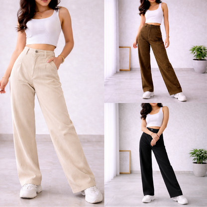 Corduroy Highwaist Wide Leg Pants with Belt Loop and Pockets