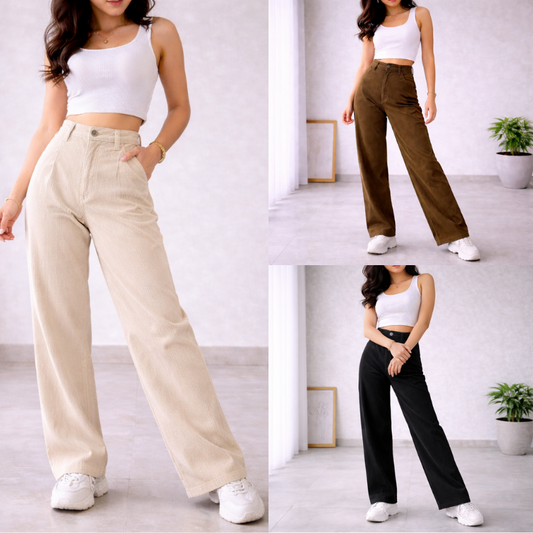 Corduroy Highwaist Wide Leg Pants with Belt Loop and Pockets