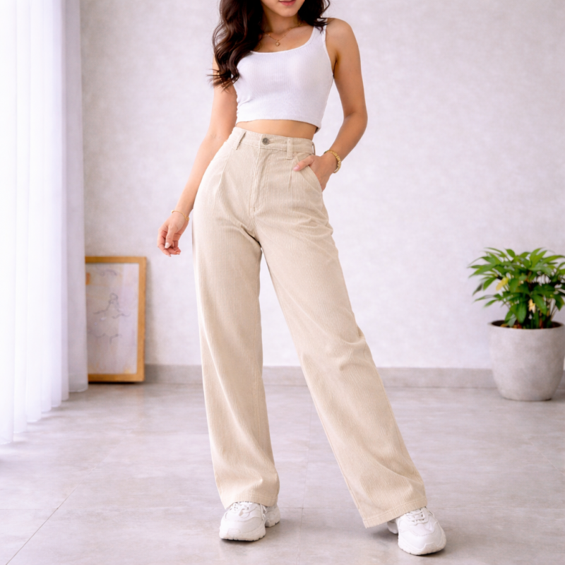 Corduroy Highwaist Wide Leg Pants with Belt Loop and Pockets