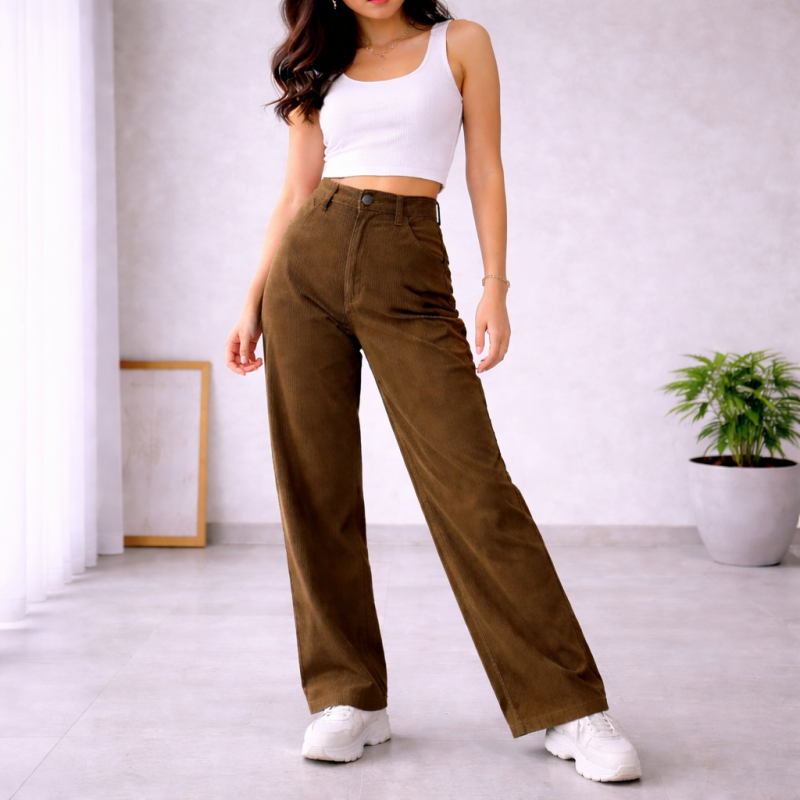 Corduroy Highwaist Wide Leg Pants with Belt Loop and Pockets