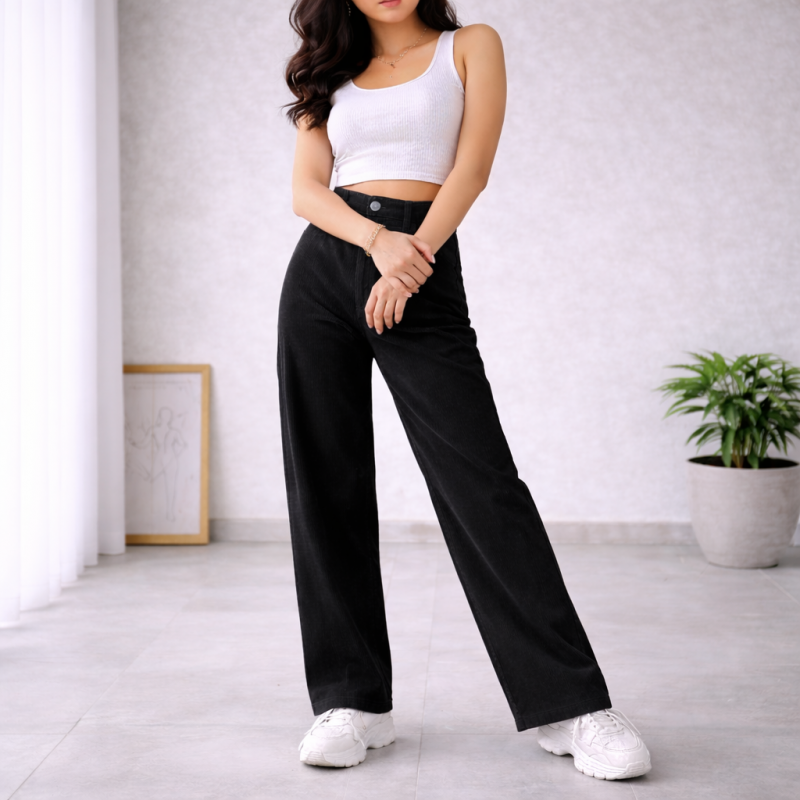 Corduroy Highwaist Wide Leg Pants with Belt Loop and Pockets