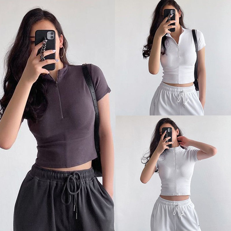Knitted Half Zip Stand Collar Crop Top