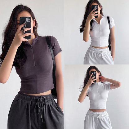 Knitted Half Zip Stand Collar Crop Top