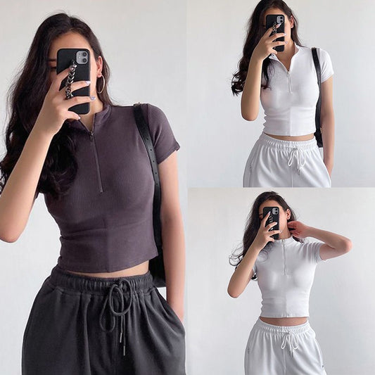 Knitted Half Zip Stand Collar Crop Top