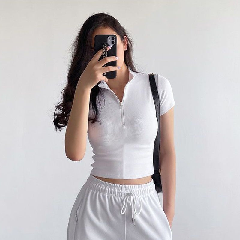 Knitted Half Zip Stand Collar Crop Top