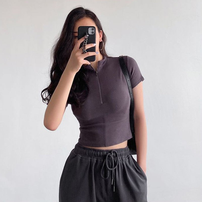 Knitted Half Zip Stand Collar Crop Top