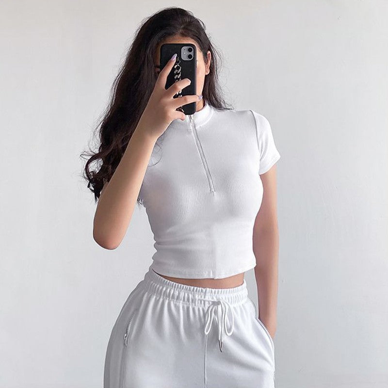 Knitted Half Zip Stand Collar Crop Top