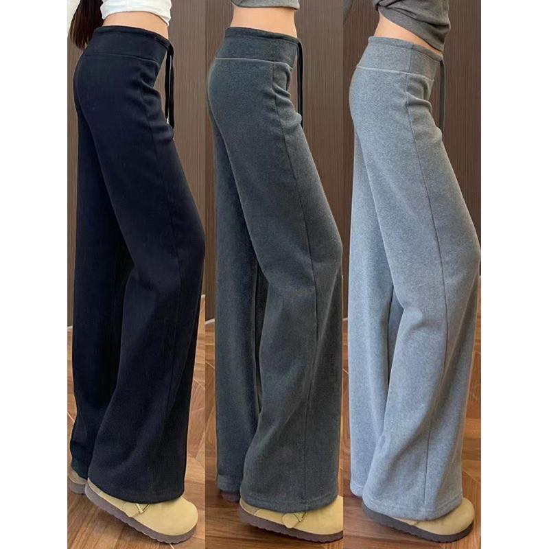 Solid Wideleg Pants Highwaist Drawstring Gray Pants