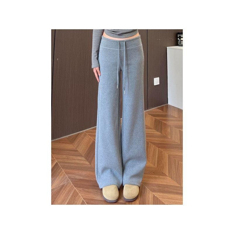 Solid Wideleg Pants Highwaist Drawstring Gray Pants