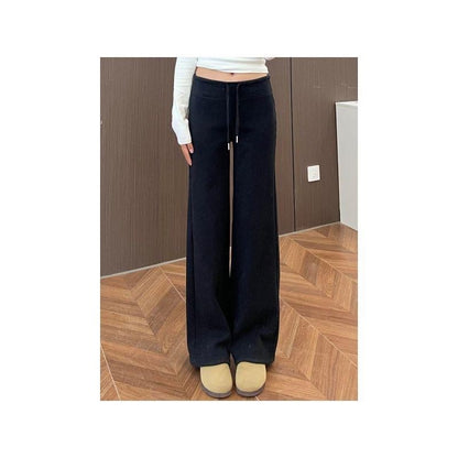 Solid Wideleg Pants Highwaist Drawstring Gray Pants