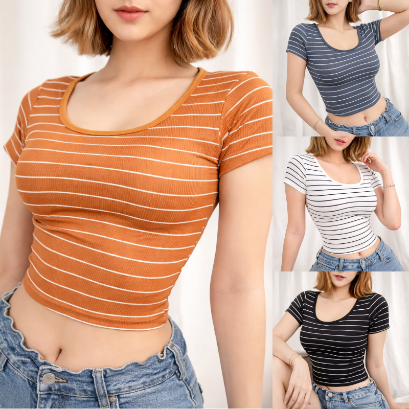 Stripe Scoop Neck Basic Tee Knitwear for Women M