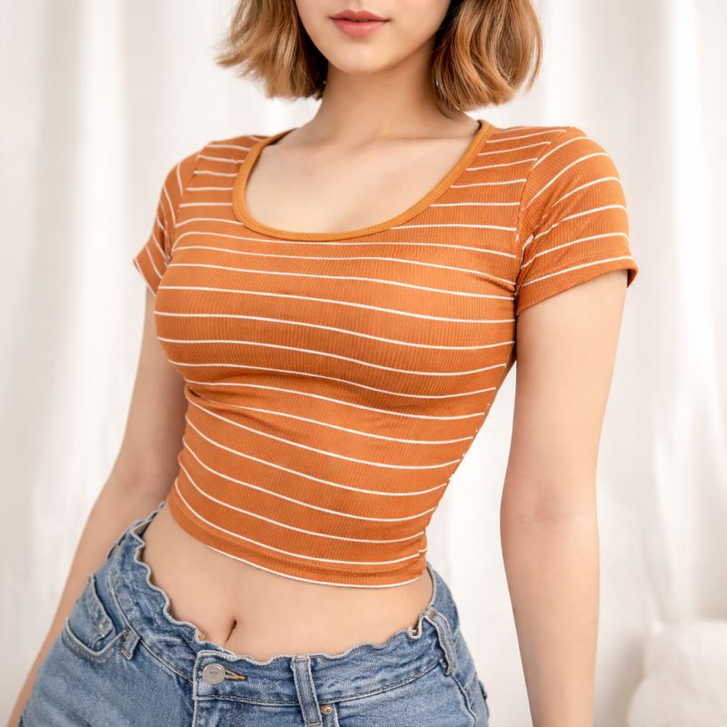 Stripe Scoop Neck Basic Tee Knitwear for Women M
