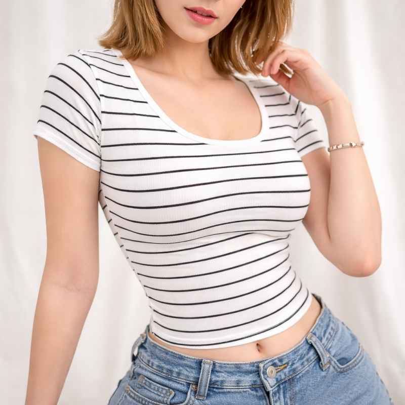 Stripe Scoop Neck Basic Tee Knitwear for Women M
