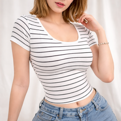 Stripe Scoop Neck Basic Tee Knitwear for Women M