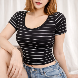 Stripe Scoop Neck Basic Tee Knitwear for Women M